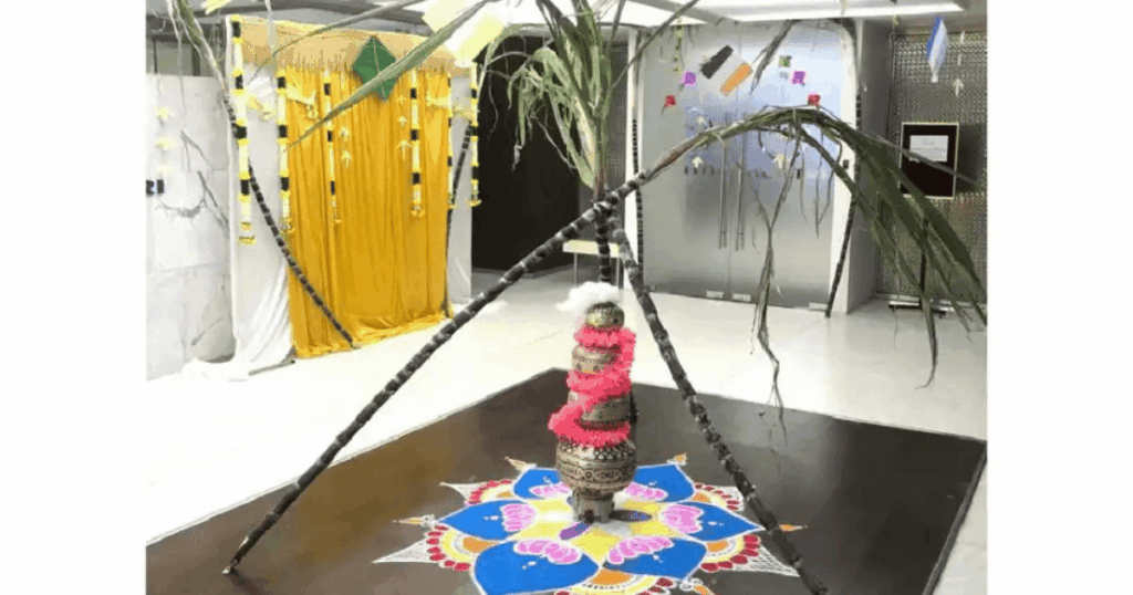 Rangoli & Sugarcane Decor for a Traditional Touch