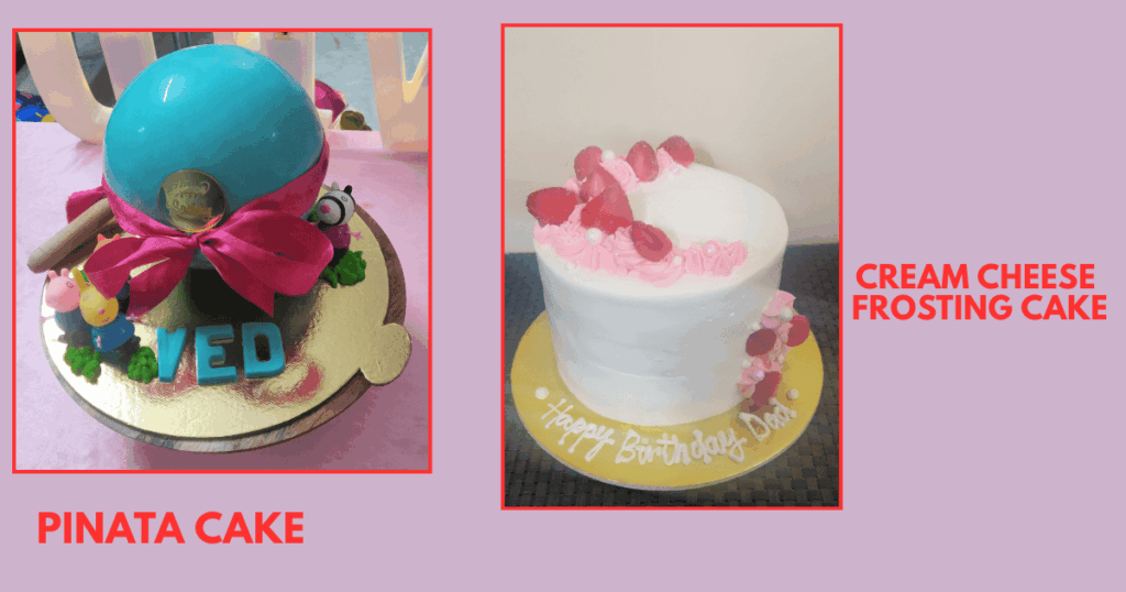Trending cake designs for themed birthday parties as pinata cake and cream cheese frosting cake